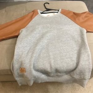 Gray an tan brown leather pull over jacket