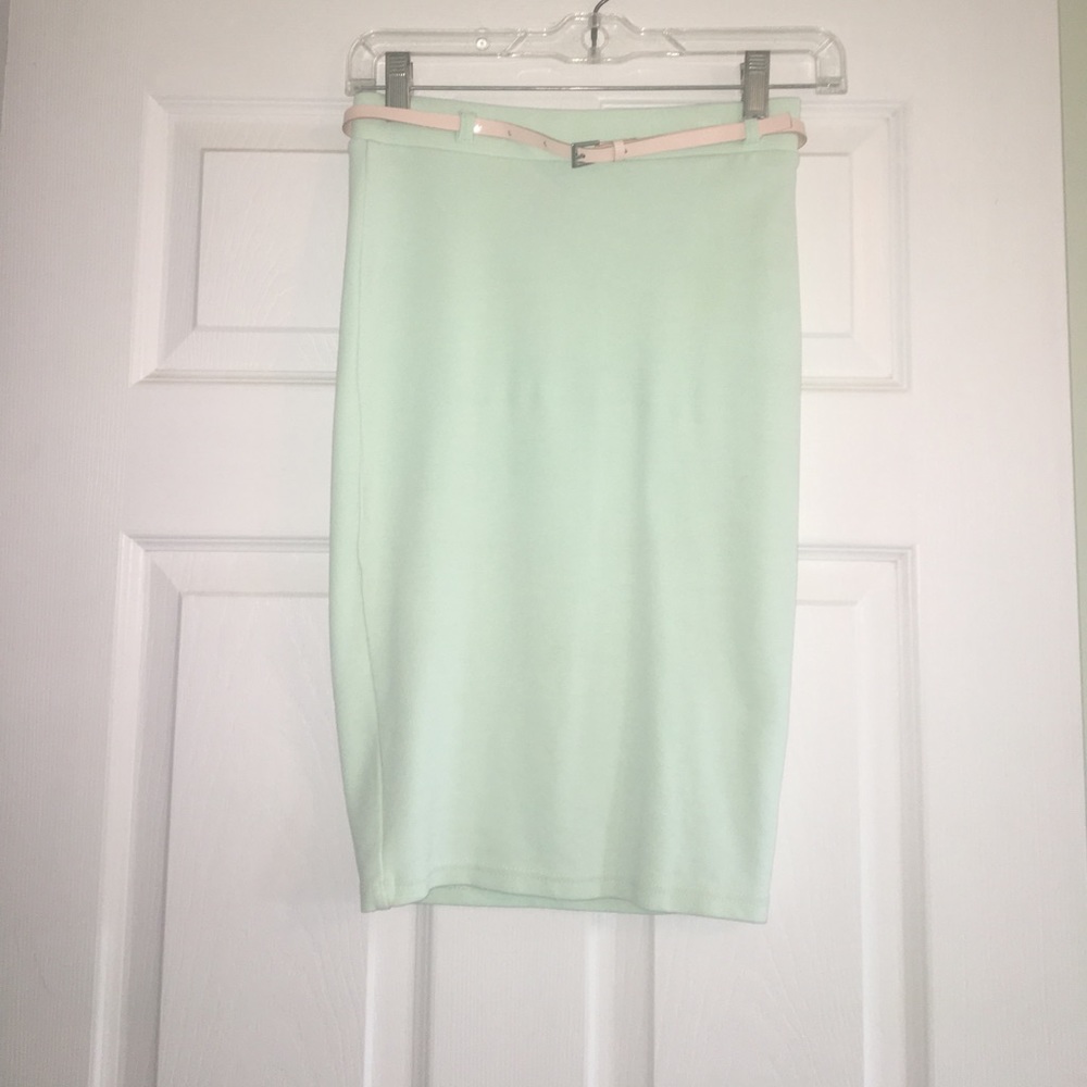Light green stretchy skirt w light pink belt