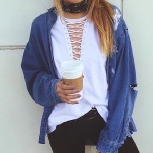 LF Lace down White Tee