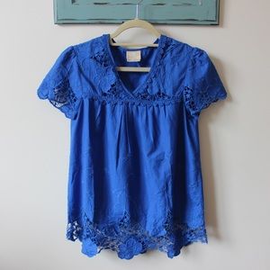 Anthropologie Blue Embroidered Top