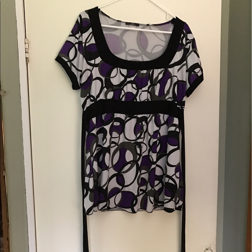 Gently used white, purple, and black tie blouse