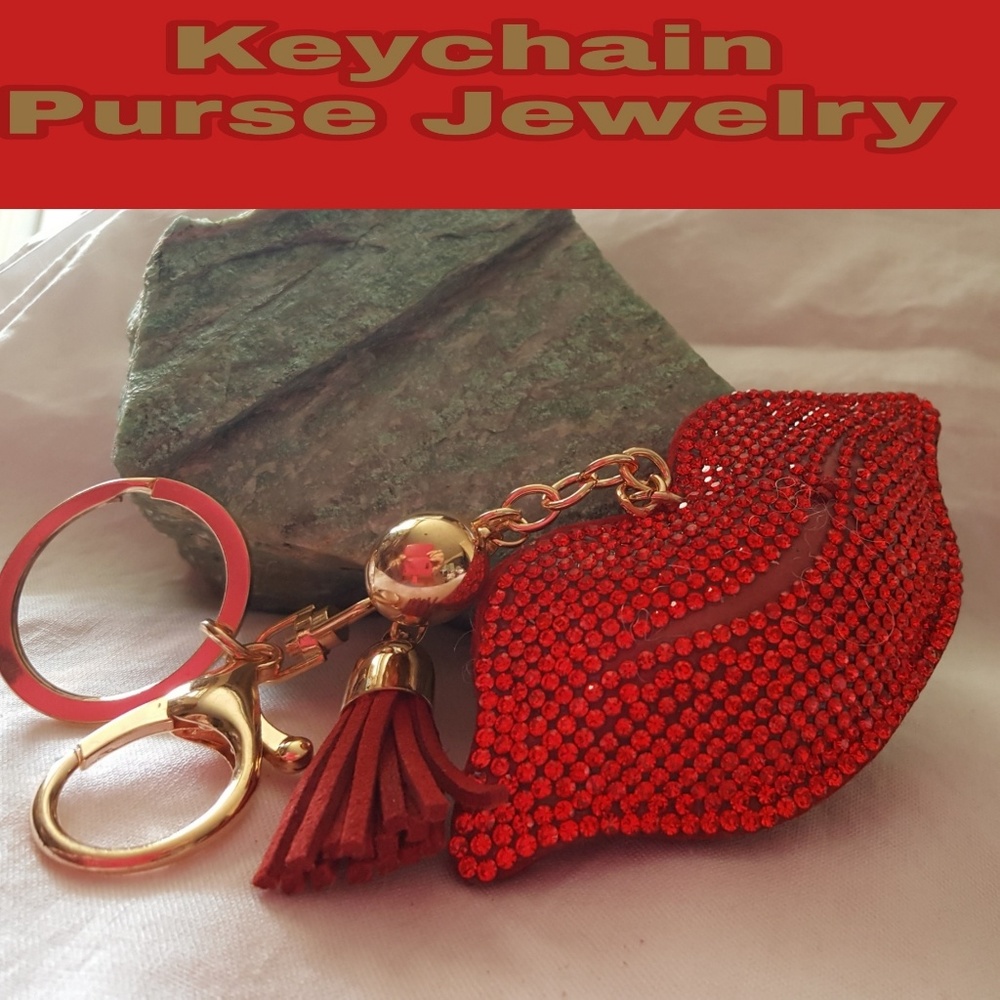 Red Rhinestone Puffed Lip Purse Bag Charm/ Keychain with a Tassel NEW - Picture 2 of 7