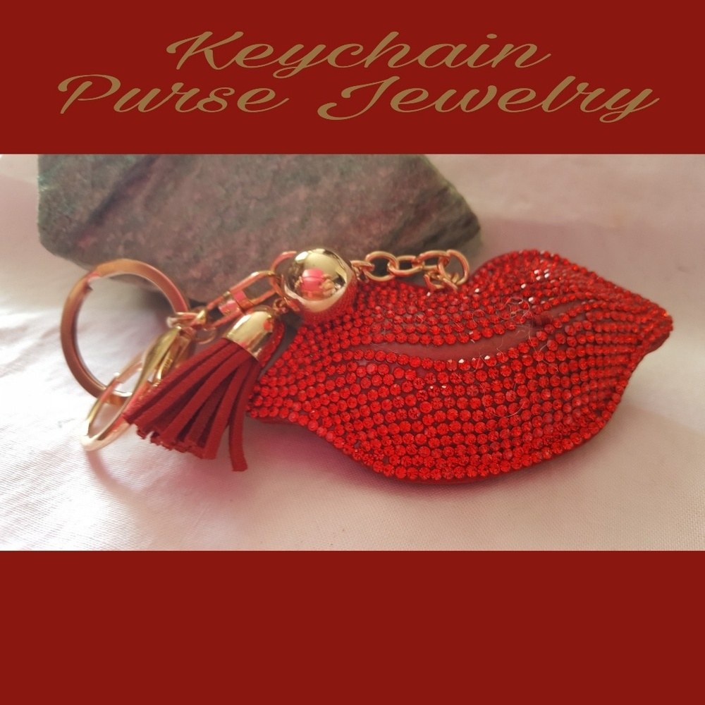 Red Rhinestone Puffed Lip Purse Bag Charm/ Keychain with a Tassel NEW - Picture 4 of 7