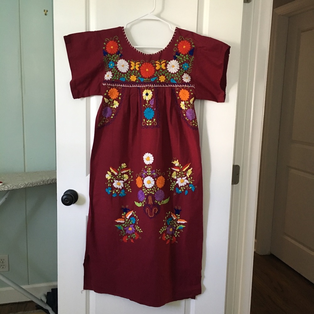 Burgandy Mexican embroidered dress