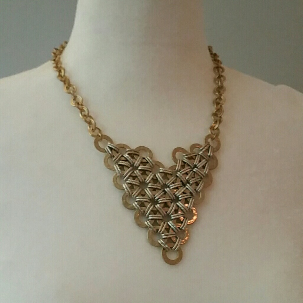 Woven pattern gold/silver tone statement necklace