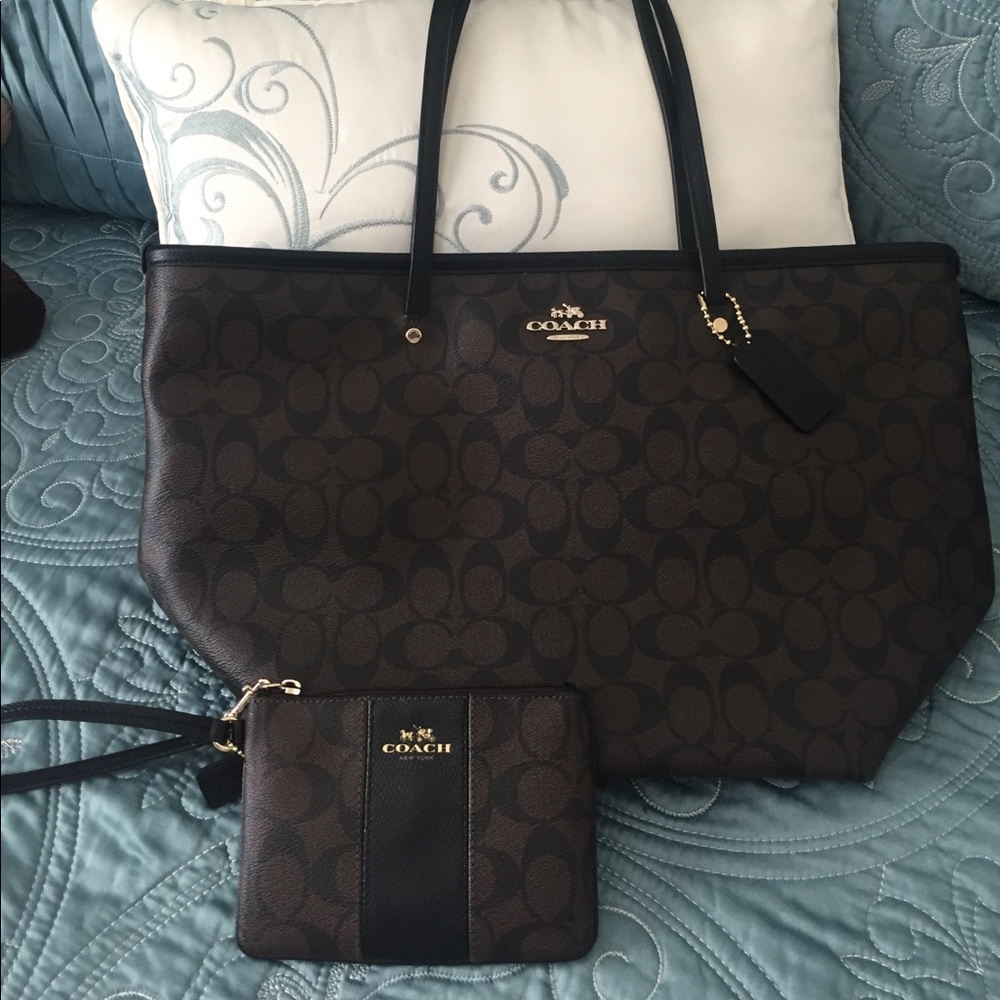 Coach Signature City Zip Tote and wristlet,