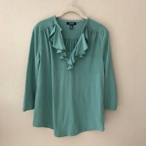 3/4 sleeve ruffle front v neck top