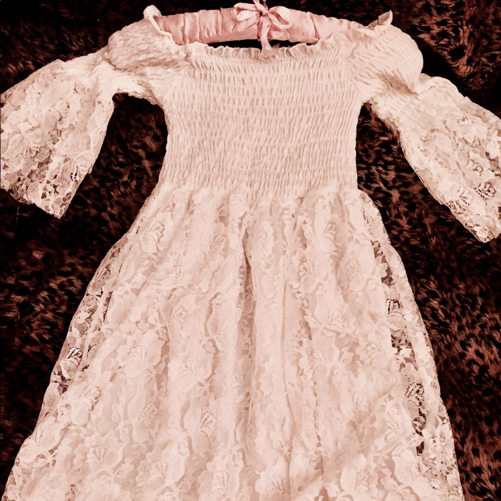 White lace ruched bodice dress