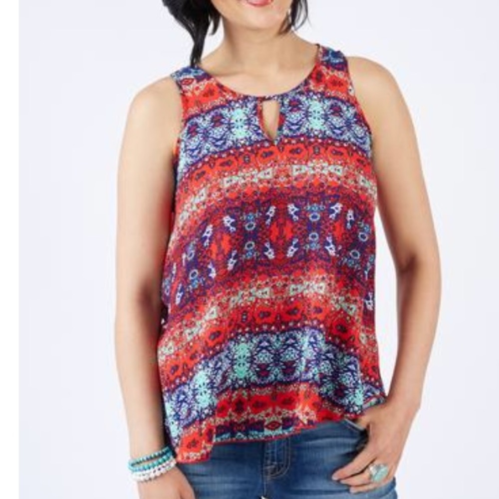 Red/blue/turquoise Evereve Keyhole blouse
