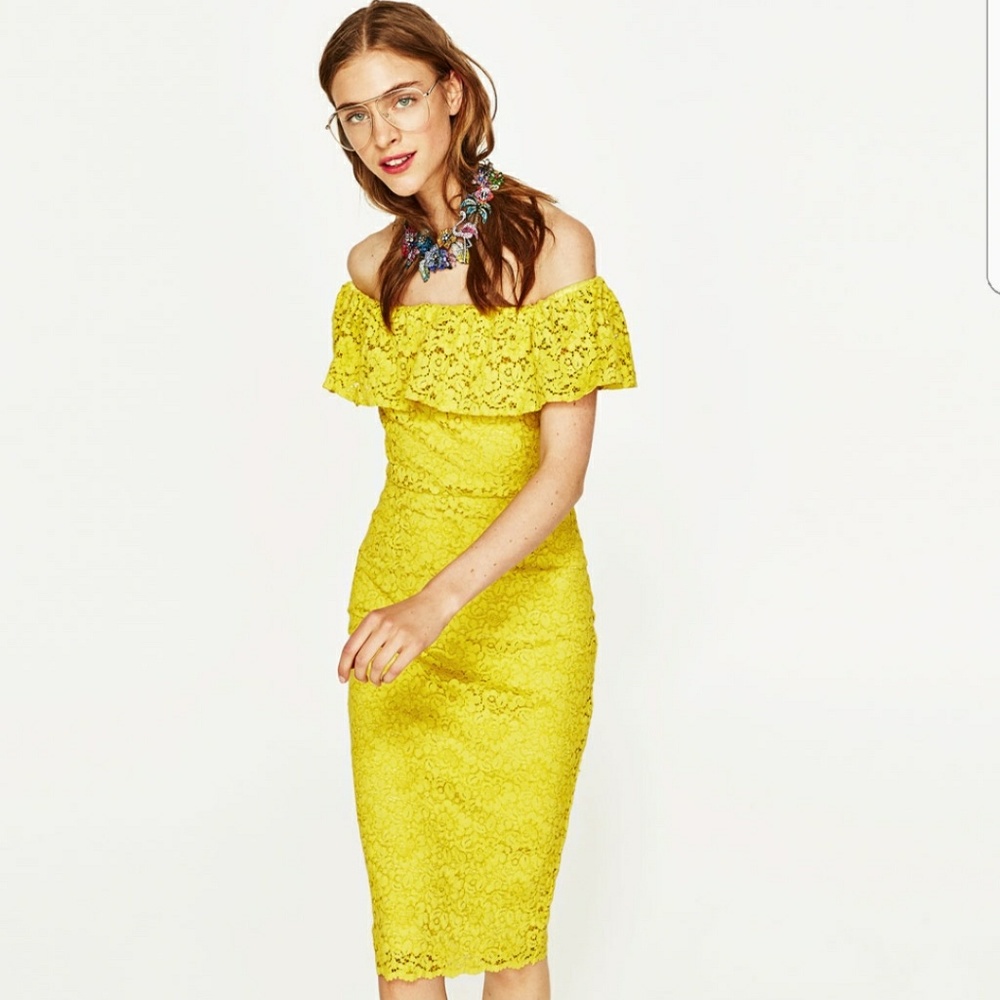 Zara Lemon Yellow Lace Off Shoulder Midi Dress