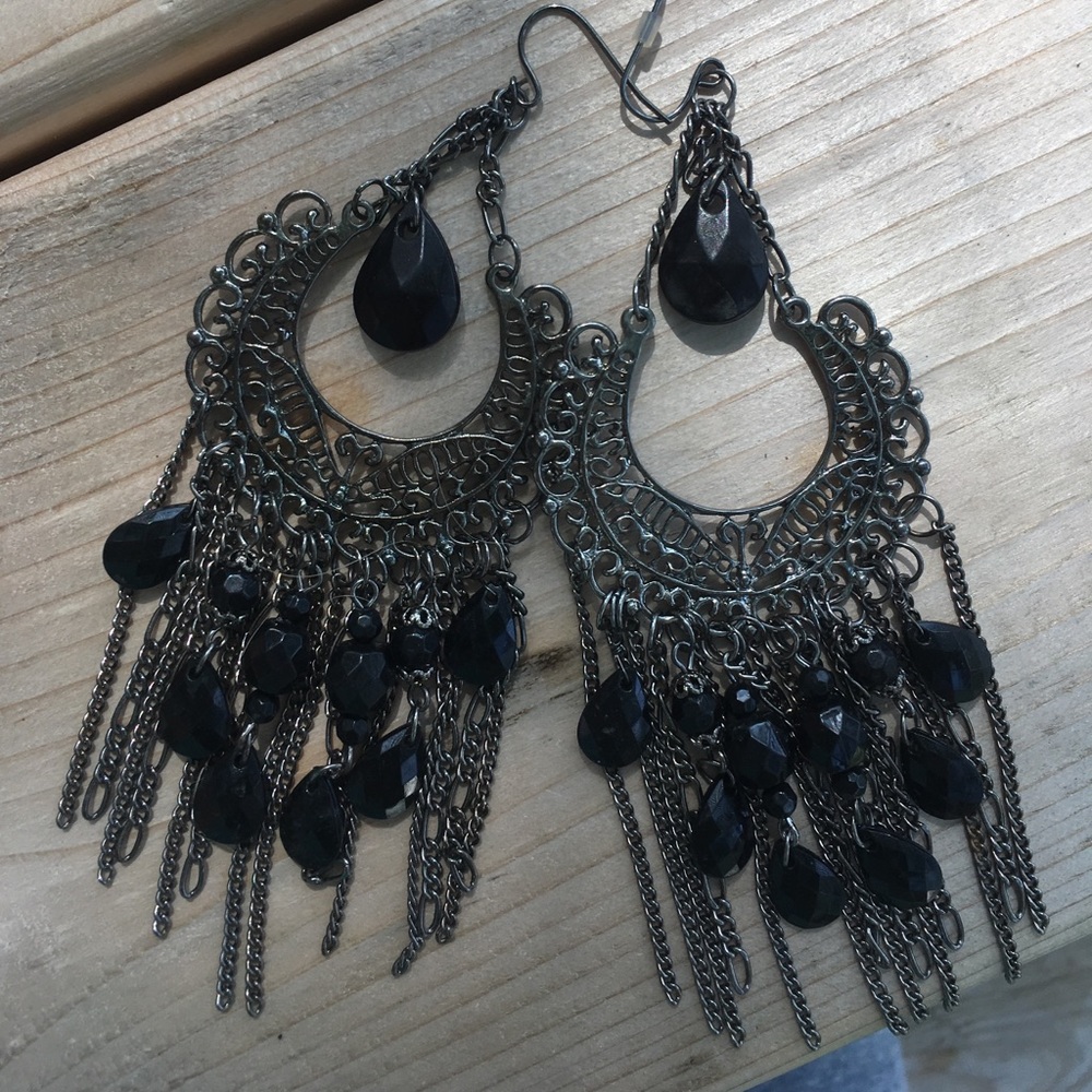 Black and pewter colored chandelier earrings