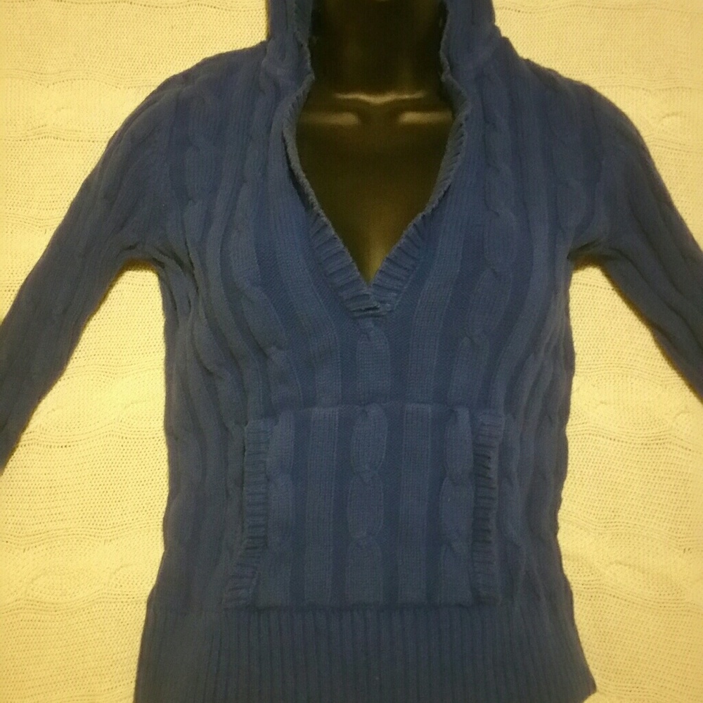 Ann Taylor's dark blue, deep V-neck hooded sweater