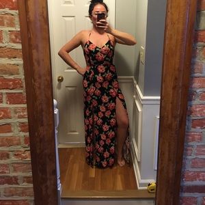 Black halter maxi dress with red roses