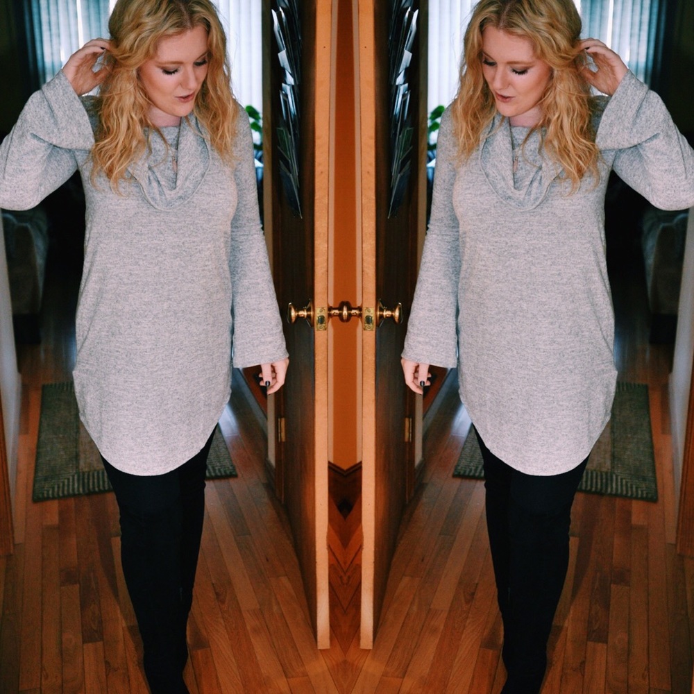 Gray cowel neck sweater dress with tapered sleeves