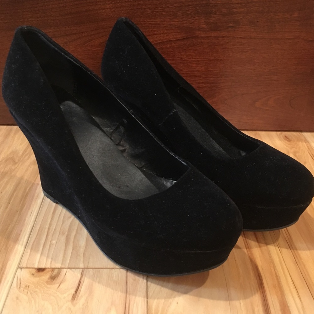 Black suede wedge heels. Size 6.