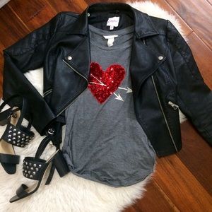 H&M charcoal and red sequin heart top