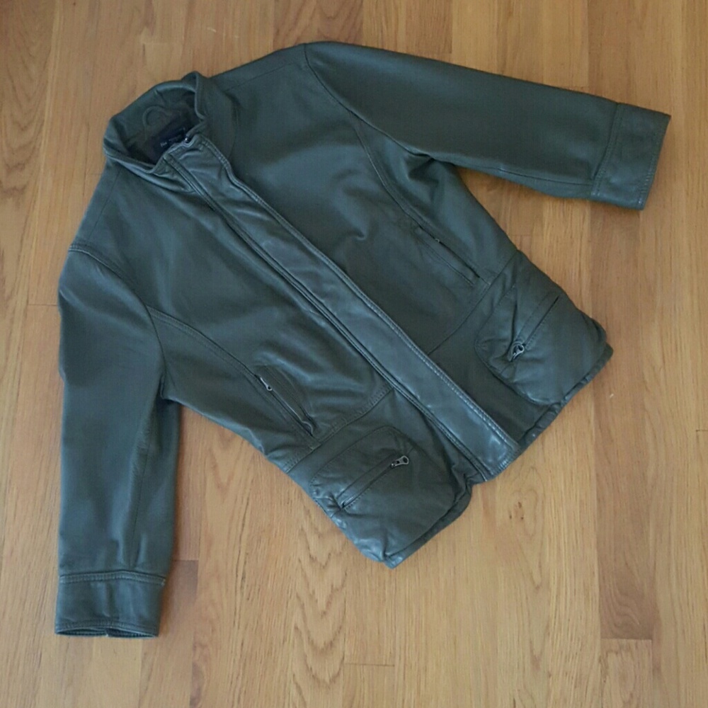 Leather Jacket in Dark Olive Green, 3/4 Sleeve