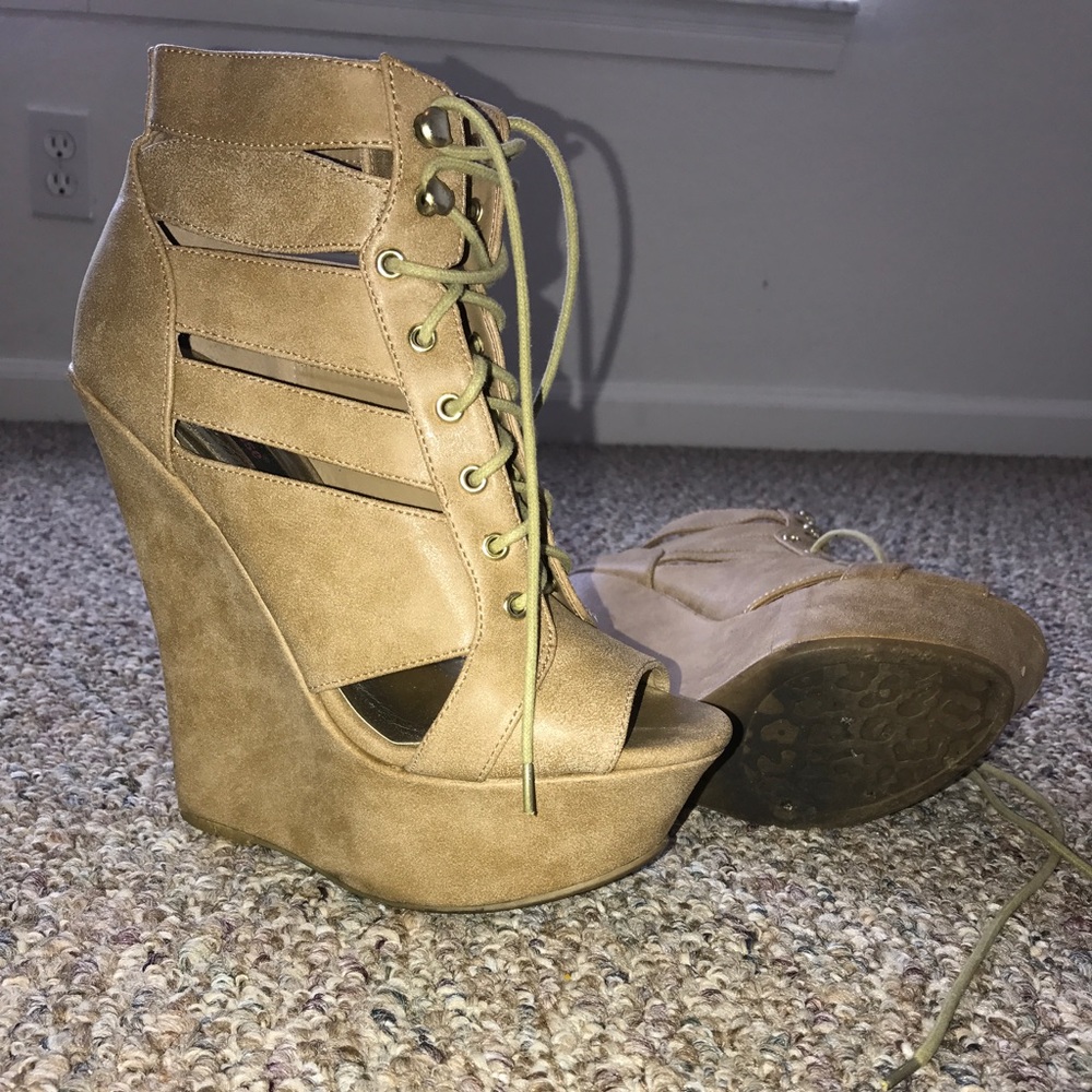 Tan laced up wedges
