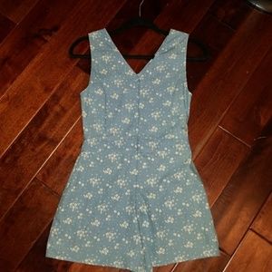 Blue and White Floral Romper with Open Back