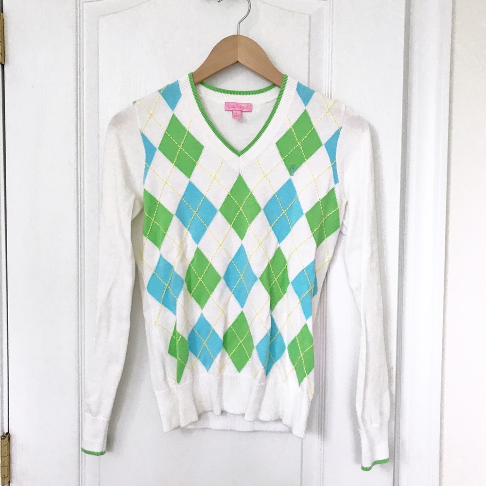 Lilly Pulitzer argyle sweater blue green white S