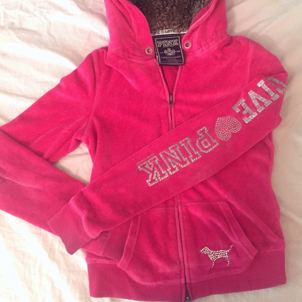 RARE! Velour PINK VS Bling Zip Up Hoodie Size XS