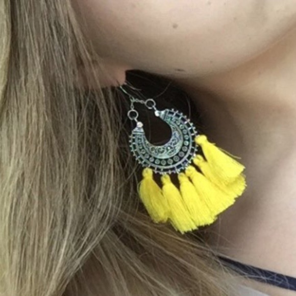 Yellow Bohemian Trendy Long Tassel Earrings - Picture 2 of 4