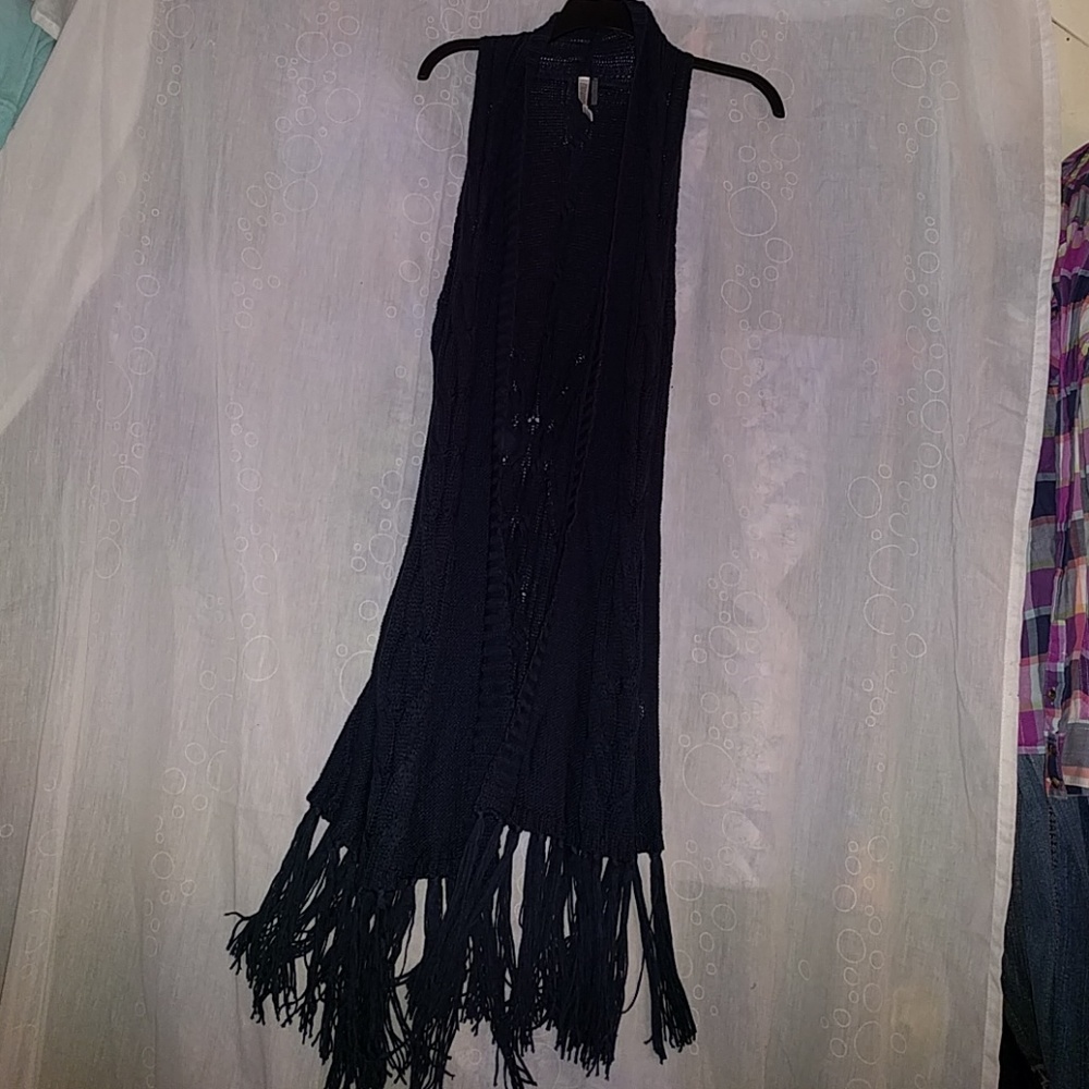 Long Fringed Navy Blue Sleeveless Cardigan