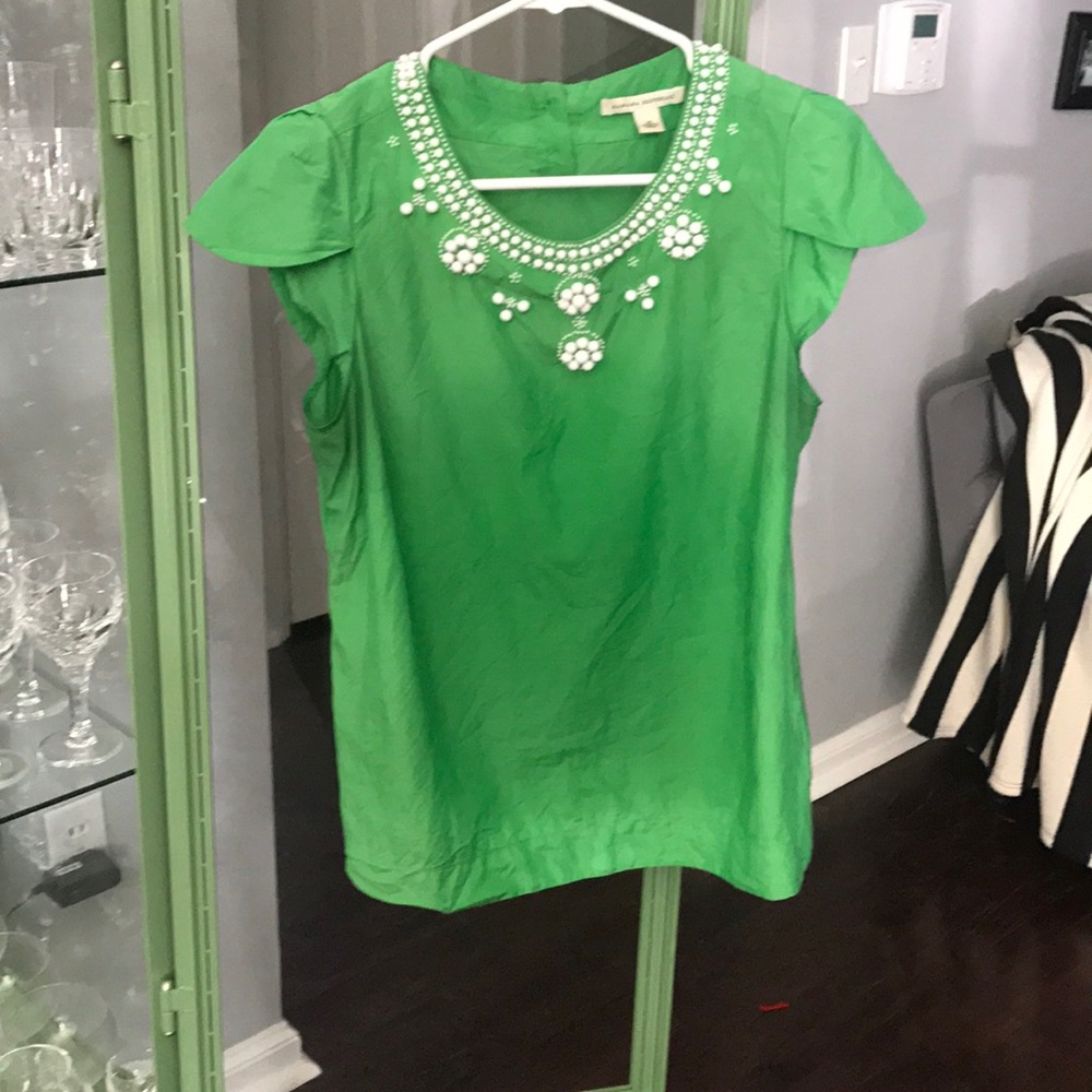 Green Banana Republic top with white beaded detail