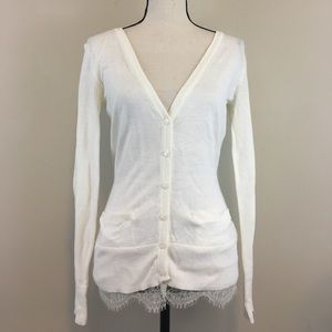 Cream Cardigan Sweater with Lace Trim