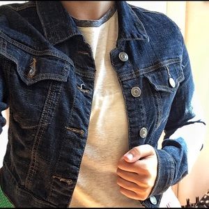 Cropped jean jacket, dark blue, hardly worn.
