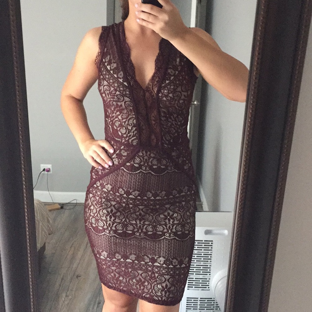 Burgundy nude lace dress