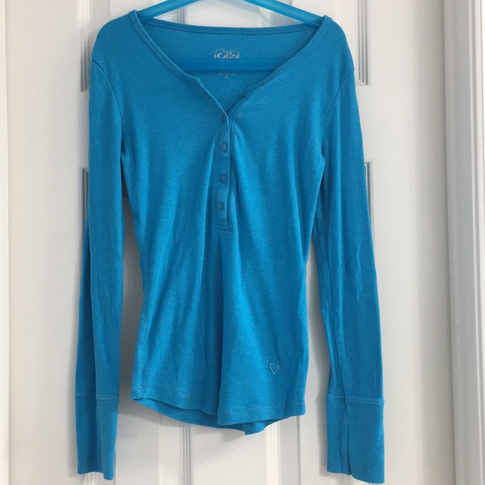 Solid blue, button down, long sleeve top. Size 12