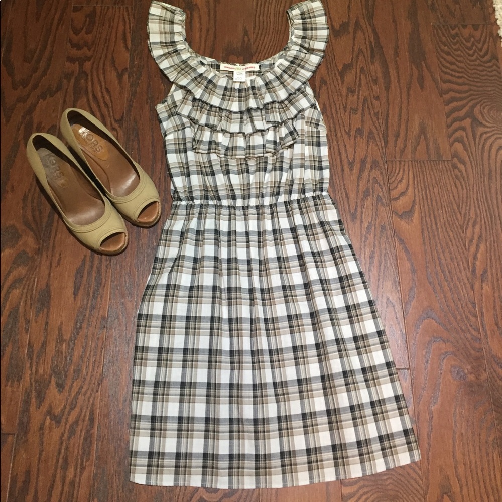 Amanda Uprichard Ruffle Top Brown Plaid Dress XS