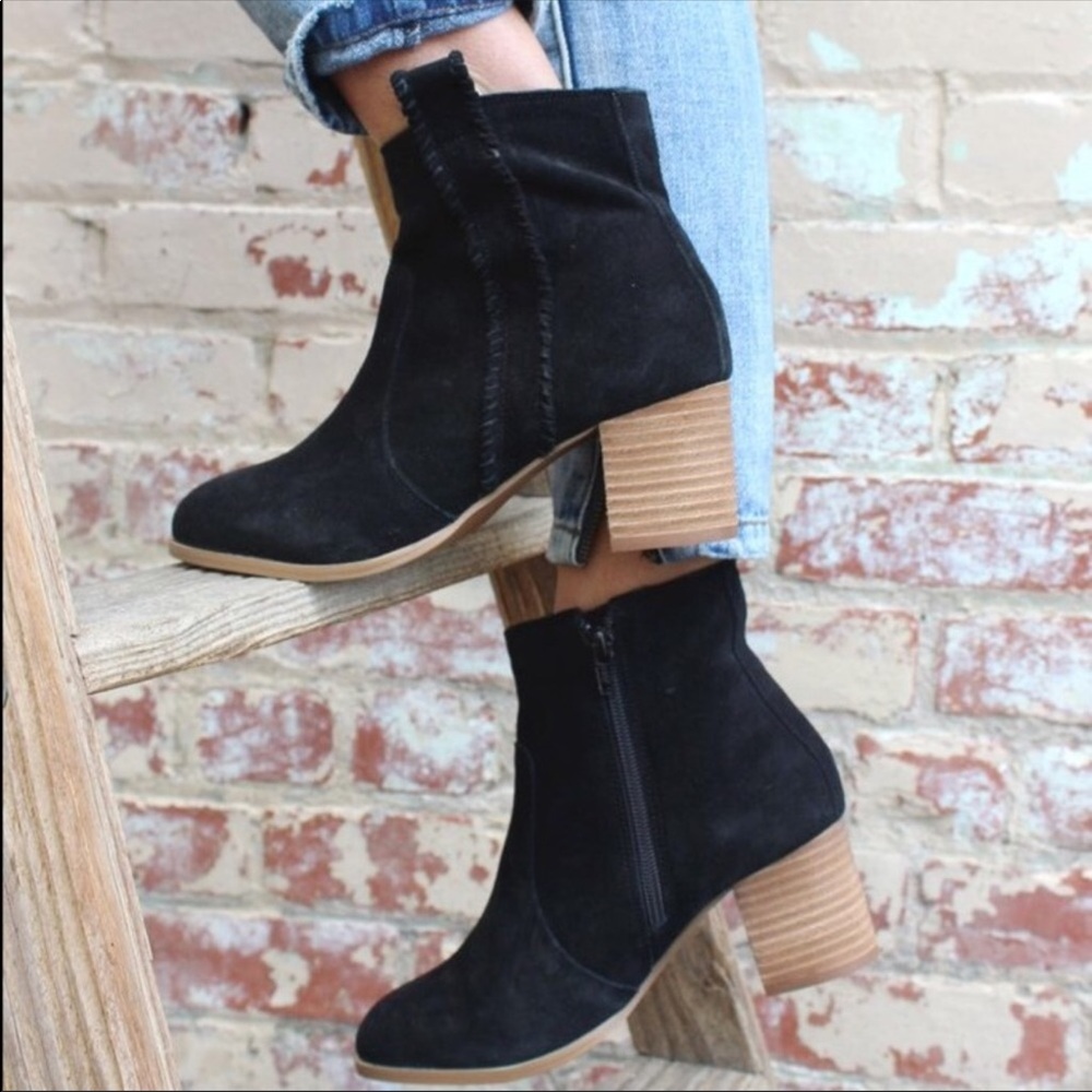 Black Distressed Suede Stitched Bootie - Picture 4 of 6
