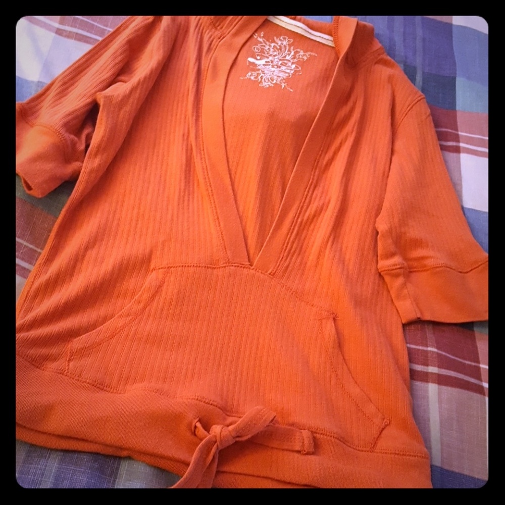 Orange 3/4 sleeve top with hood