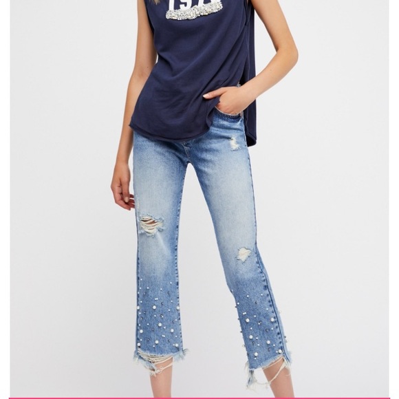 Free People Denim - Free people Pearled crop straight leg jeans