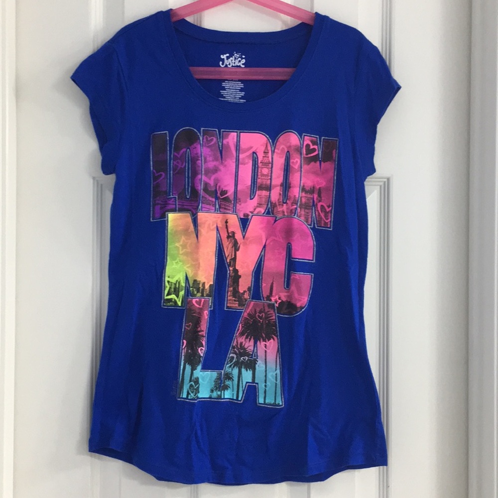 Justice blue graphic t-shirt, size 12