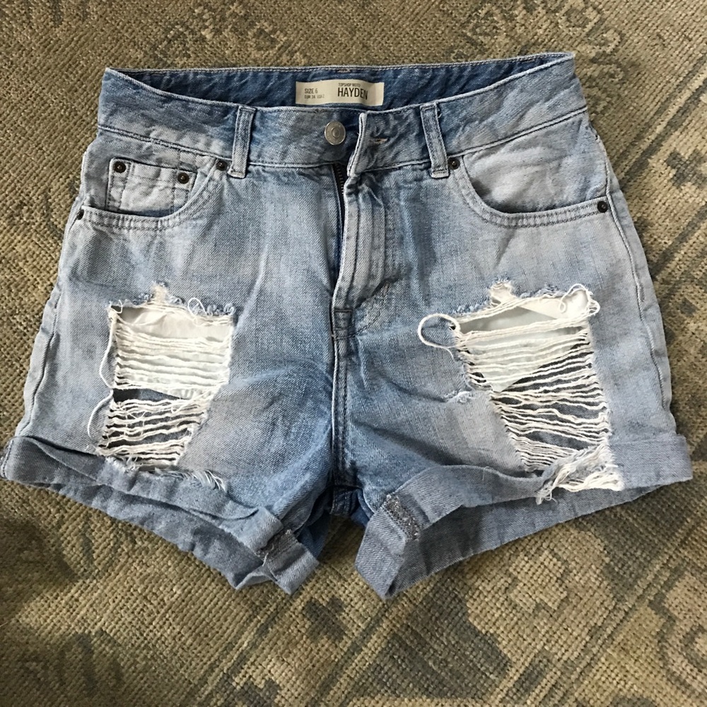 Topshop high waist distressed jean shorts.