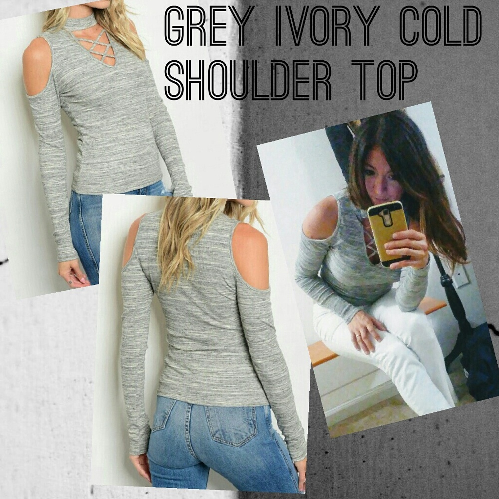 🍁Grey Ivory Cold Shoulder Top🍁
