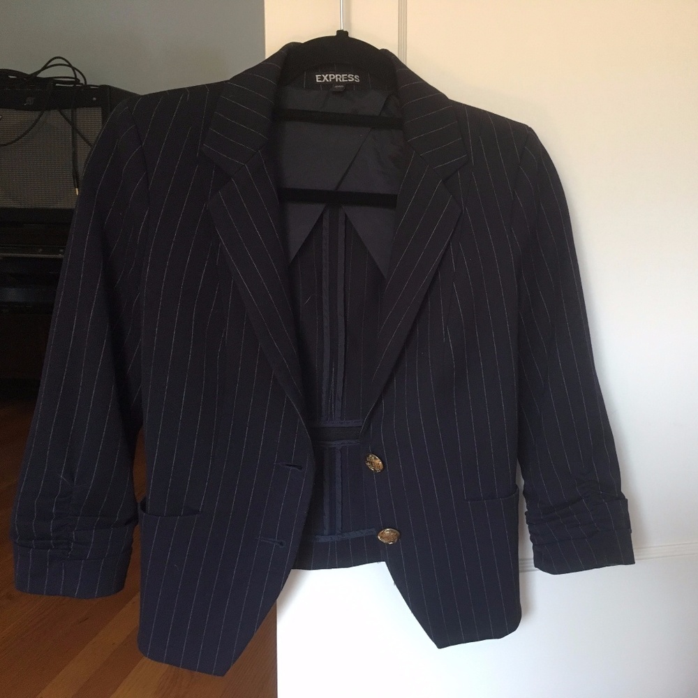 Express Navy Blue Ruched Sleeve Blazer