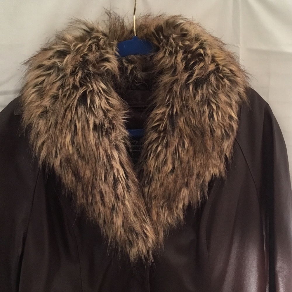 Leather coat with fur collar