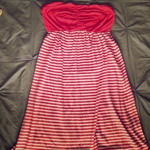 Strapless coral + white dress