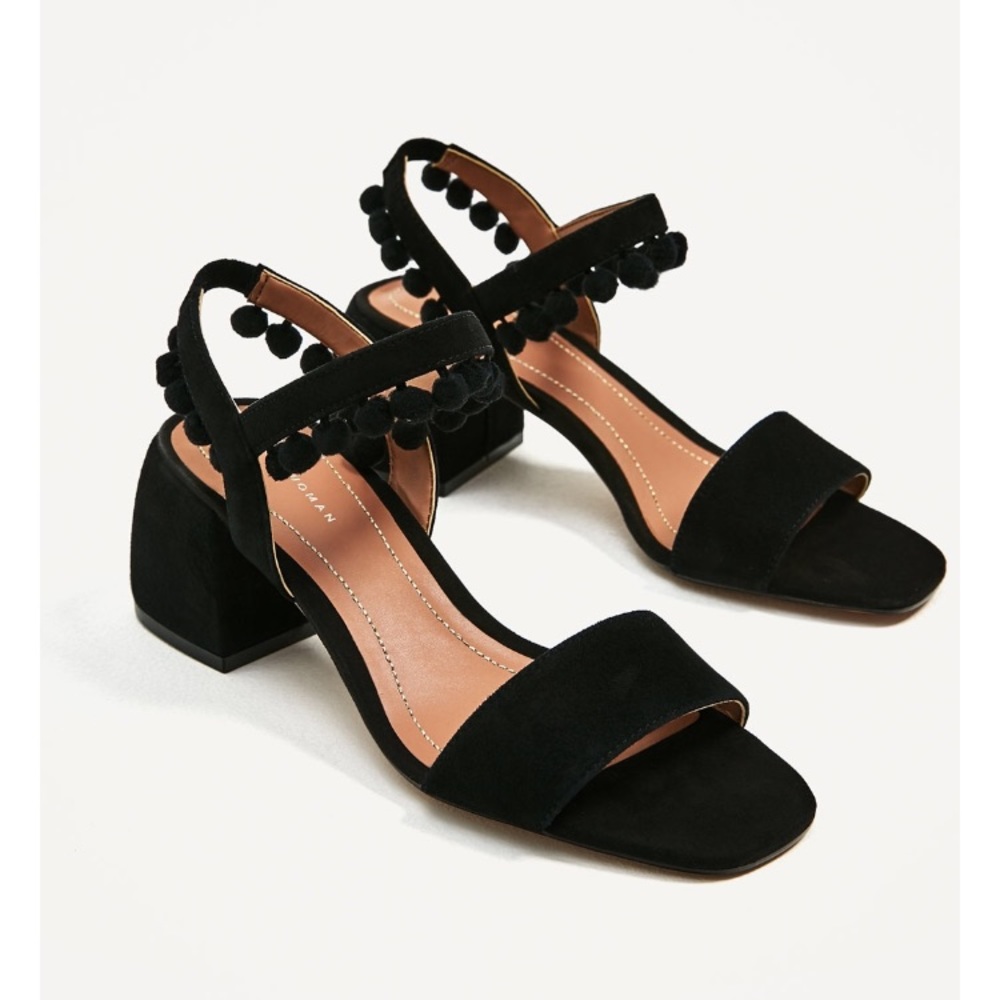 Zara Mid Heel Pom Pom Sandals