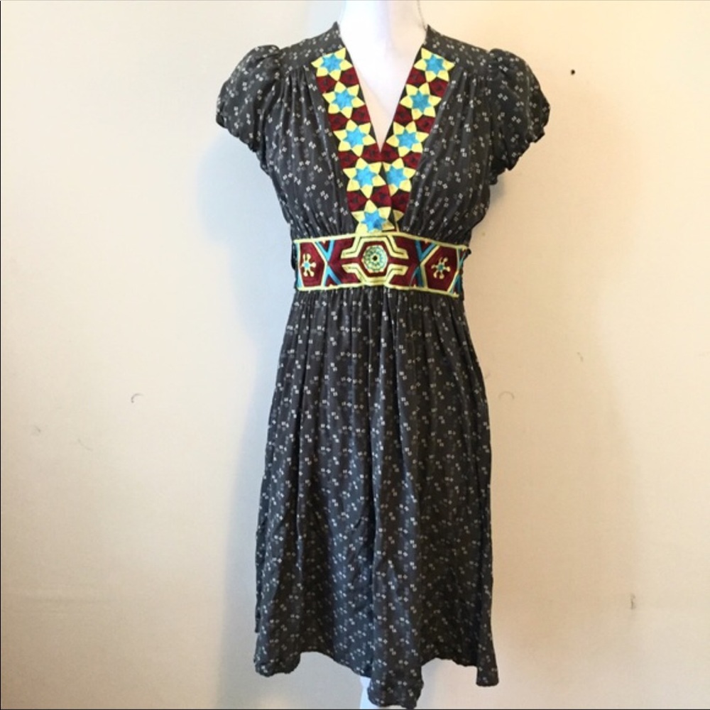 Cute gray patterned dress embellished neckline
