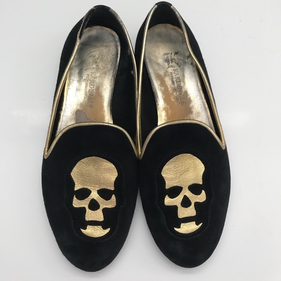 Kardinale Shoes - Kardinale Suede Gold Skull Smoking Flats 7