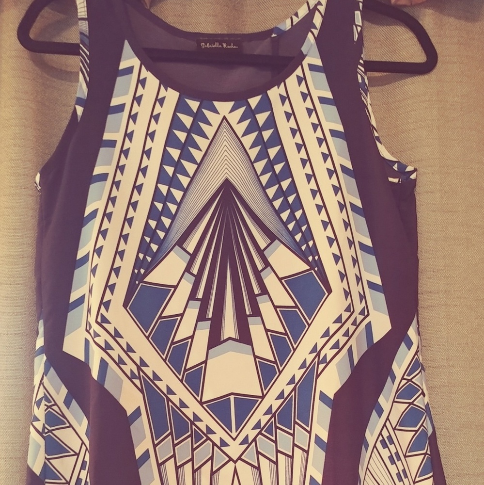 EUC, Navy/white geo print, high/low, fly away back