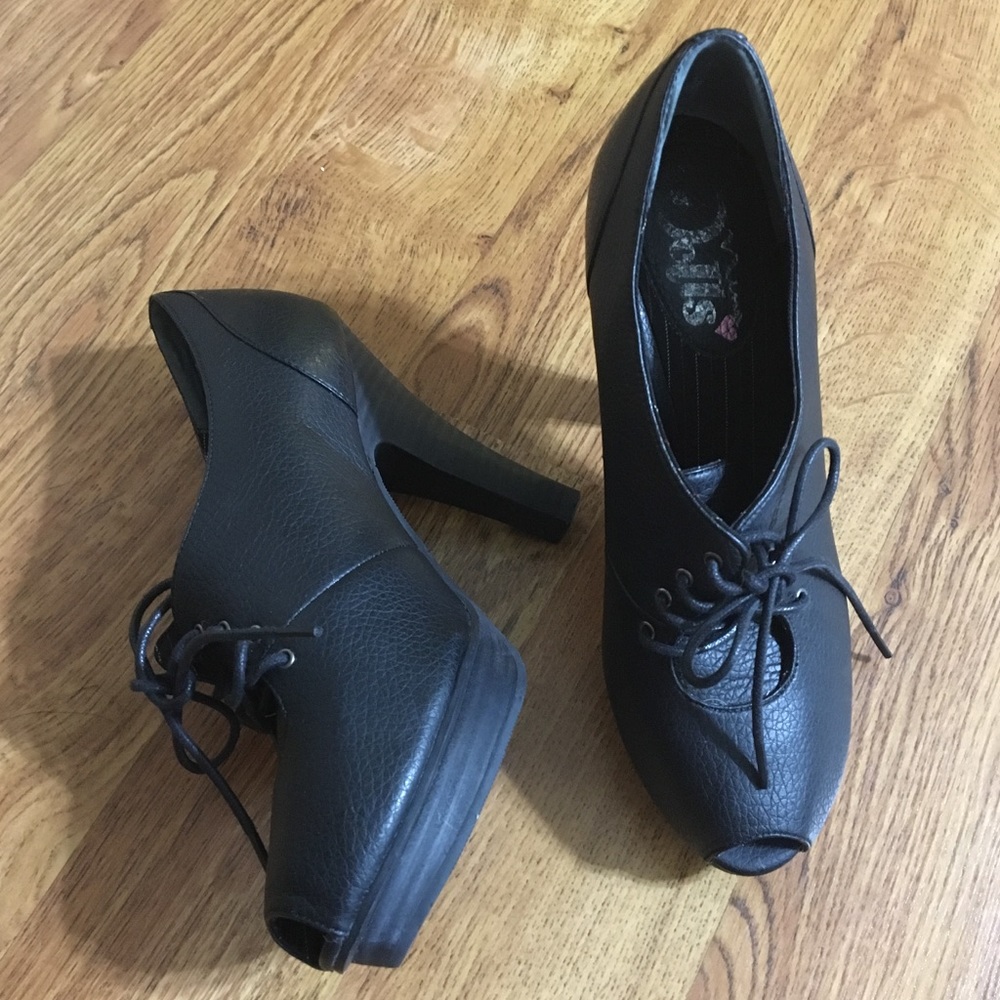 Open toe oxford Black Non Slim heels Platform Sz 7