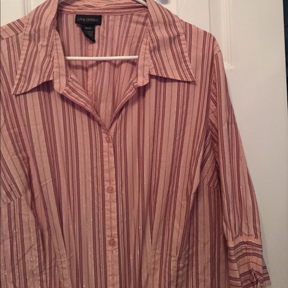 Rose colored button down with red/silver stripes.