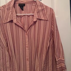 Rose colored button down with red/silver stripes.