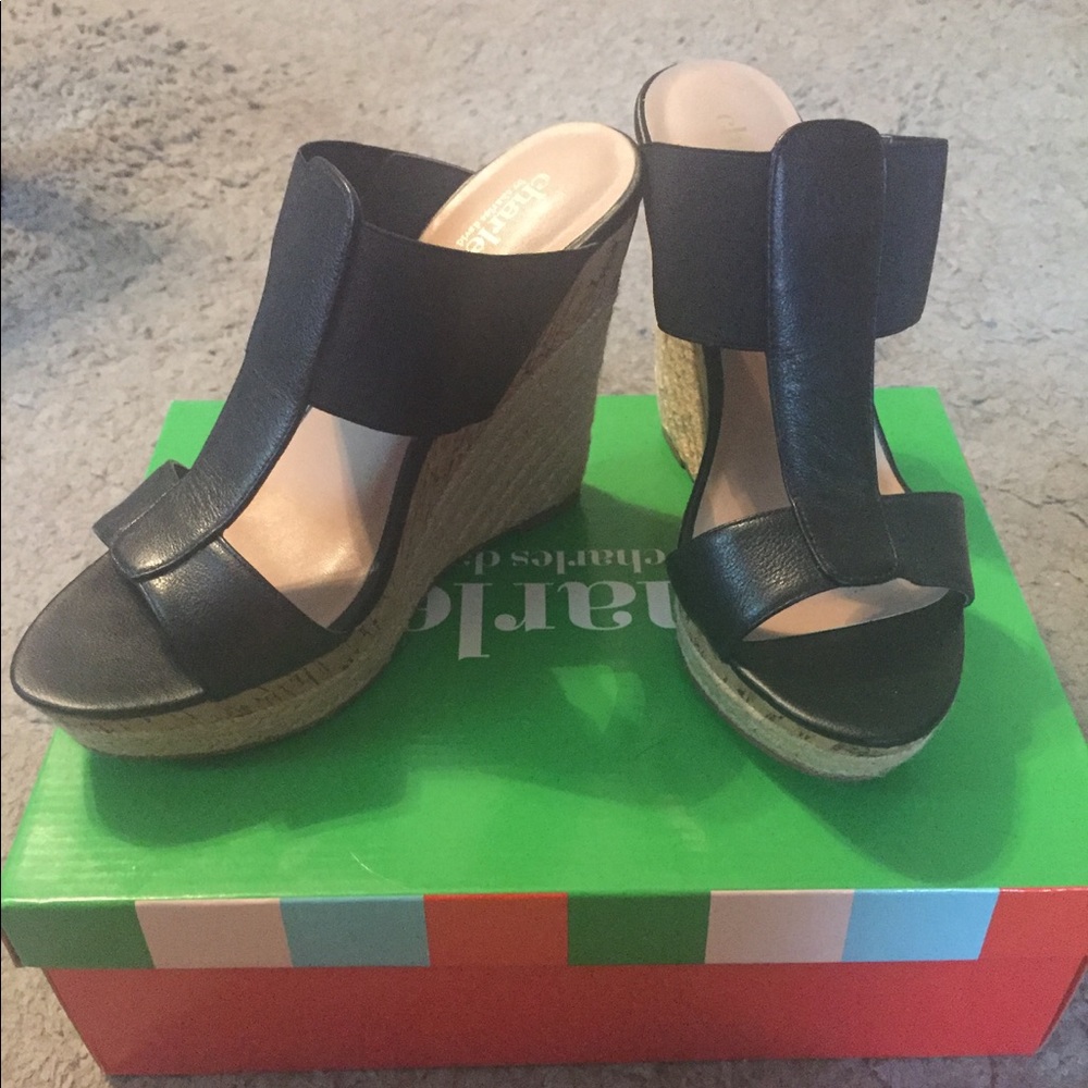 Black Leather & Elastic Espadrilles Wedge Sandals